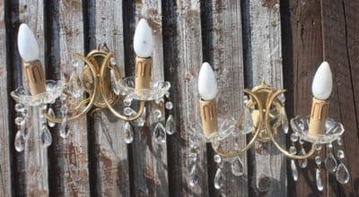 PAIR VINTAGE WALL LIGHTS TWO BRASS DOUBLE ARM SCONCES WITH GLASS CUPS & GLASS  CRYSTALS  Ref: AMY18L