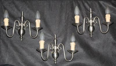 SET OF THREE VINTAGE FLEMISH SILVER COLOURED  WALL LIGHTS, 3 DOUBLE SCONCES Ref: ASP22aL