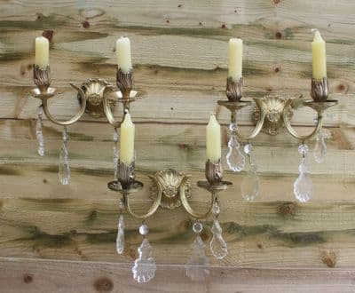THREE VINTAGE BRASS  WALL LIGHTS, 3 SIMILAR SCONCES FOR CANDLES Ref: AFB13