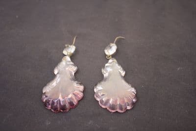 TWO  CHANDELIER CRYSTALS, 2 SCALLOPED GLASS PENDALOGUES  WITH PINK SHADING Ref: AFB5