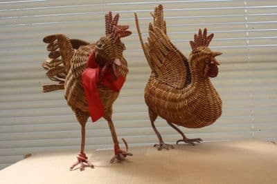 TWO VINTAGE WICKER CHICKENS , HENS, ROOSTERS  Ref: AJU4