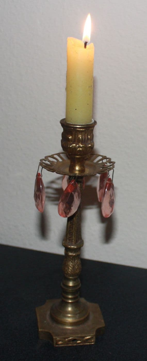 VINTAGE  BRASS CANDLESTICK WITH GLASS DROPS  Ref: AFB13