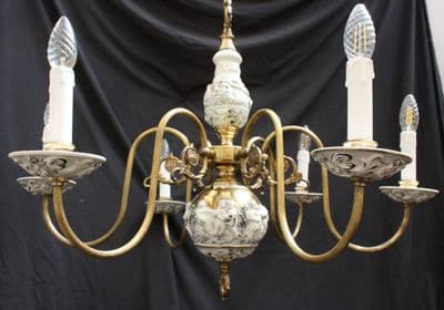 VINTAGE BRASS &  CERAMIC CHANDELIER  6 ARM CEILING LIGHT  Ref: AJL15