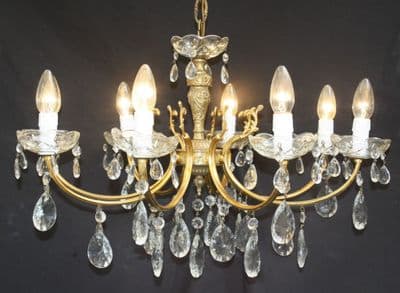 VINTAGE  BRASS CHANDELIER, FRENCH  8 ARM   CEILING LIGHT  WITH GLASS DROPS - Ref: AJL17