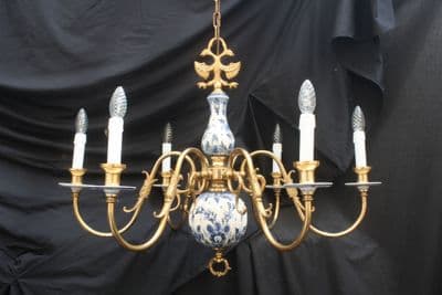 VINTAGE FLEMISH  CHANDELIER BLUE & WHITE 6 arm CEILING LIGHT Ref: AMA22