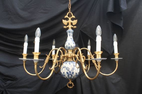 VINTAGE FLEMISH  CHANDELIER BLUE & WHITE 6 arm CEILING LIGHT Ref: AMA22