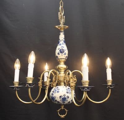 VINTAGE FLEMISH  CHANDELIER BLUE & WHITE 8 arm CEILING LIGHT Ref: AAG15