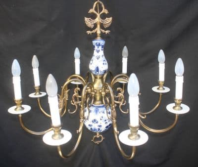VINTAGE FLEMISH  CHANDELIER BLUE & WHITE 8 arm CEILING LIGHT Ref: ANV27