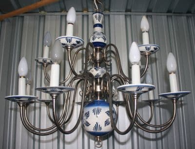 VINTAGE FLEMISH DELFT CHANDELIER  BLUE & WHITE  15 ARM 2 tier CERAMIC CEILING LIGHT  Ref: AJ27