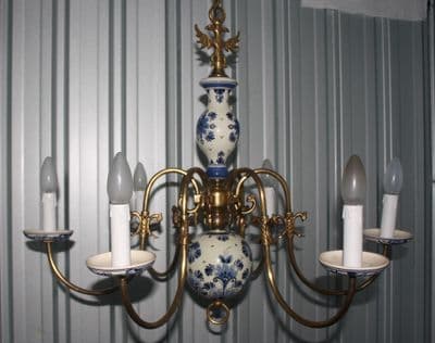 VINTAGE FLEMISH DELFT CHANDELIER  BLUE & WHITE  6 ARM CERAMIC CEILING LIGHT  Ref: AJ14