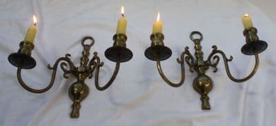 VINTAGE PAIR OF BRASS  FLEMISH  WALL LIGHTS TWO CANDLE HOLDING SCONCES  - Ref: AJ3