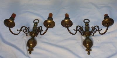 VINTAGE PAIR OF BRASS  FLEMISH  WALL LIGHTS TWO CANDLE HOLDING SCONCES  - Ref: AJ4