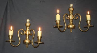 VINTAGE PAIR OF BRASS  FLEMISH  WALL LIGHTS TWO CANDLE HOLDING SCONCES  - Ref: AJ8a