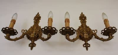 VINTAGE PAIR OF  BRASS   WALL  LIGHTS  TWO  DOUBLE  SCONCES - Ref: AJL28
