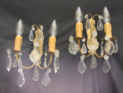 VINTAGE PAIR OF  BRASS   WALL  LIGHTS  TWO DOUBLE  SCONCES WITH GLASS DROPS  - Ref: AJL18