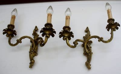 VINTAGE PAIR OF  BRASS   WALL  LIGHTS  TWO   ROCOCO STYLE DOUBLE  SCONCES - Ref: ADC4