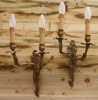 VINTAGE PAIR OF  BRASS   WALL  LIGHTS  TWO   ROCOCO STYLE DOUBLE  SCONCES - Ref: AJL20