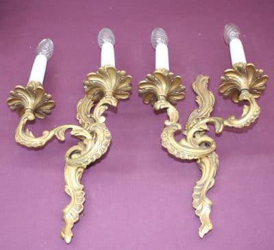 VINTAGE PAIR OF  BRASS   WALL  LIGHTS  TWO   ROCOCO STYLE DOUBLE  SCONCES   - Ref: AJL21
