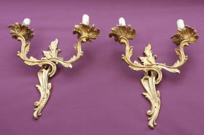VINTAGE PAIR OF  BRASS   WALL  LIGHTS  TWO   ROCOCO STYLE DOUBLE  SCONCES   - Ref: AJL29