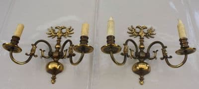VINTAGE PAIR OF FLEMISH  WALL LIGHTS TWO CANDLE HOLDING  BRASS SCONCES  - Ref: ANV29