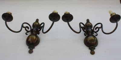 VINTAGE PAIR OF LARGE  BRASS  FLEMISH  WALL LIGHTS TWO CANDLE HOLDING SCONCES  - Ref: AAG31