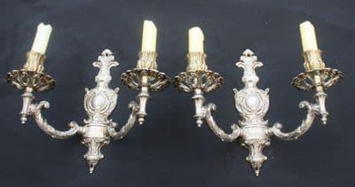 VINTAGE PAIR OF  SILVER COLOURED METAL  WALL  LIGHTS  TWO ORNATE   DOUBLE  SCONCES - Ref: AMR27