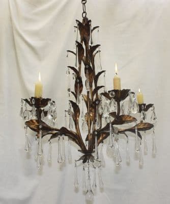 VINTAGE TOLEWARE CHANDELIER  AGED GOLD TOLE CEILING LIGHT WITH  GLASS DROPS  CANDLES  - Ref: A fb16