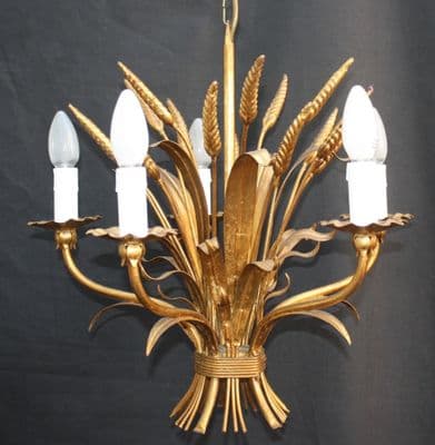 VINTAGE TOLEWARE CHANDELIER  GOLD TOLE CEILING LIGHT WHEATSHEAF  - Ref: AAG11