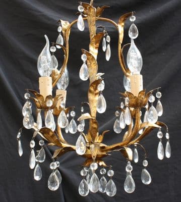 VINTAGE TOLEWARE CHANDELIER  GOLD TOLE CEILING LIGHT WITH  GLASS DROPS  - Ref: AJU13