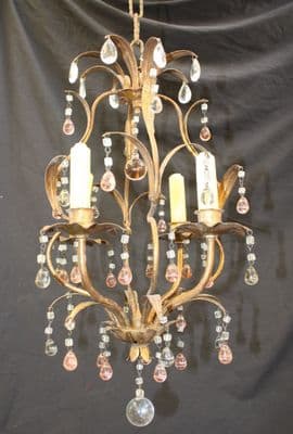 VINTAGE TOLEWARE CHANDELIER  GOLD TOLE CEILING LIGHT WITH  GLASS DROPS  - Ref: AMC27A