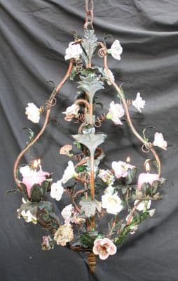 VINTAGE TOLEWARE CHANDELIER , TOLE CEILING LIGHT WITH  COLOURFUL FLOWERS  - Ref: AJL9
