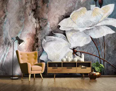 Abstract Floral Composition White Wallpaper Wall Mural