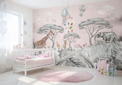 Baby Bedroom Safari Pink Wallpaper Mural 312x219cm