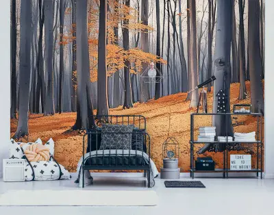 Bedroom Autumn Forest Photo Wallpaper 312x219 cm Painted Trees