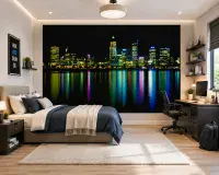 Neon City Skyline Wall Mural 183x254 cm - 3 Panel Photo Wallpaper