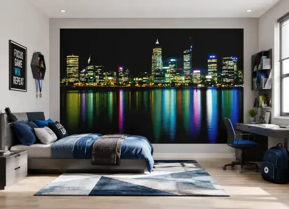 Neon City Skyline Wall Mural 183x254 cm - 3 Panel Photo Wallpaper