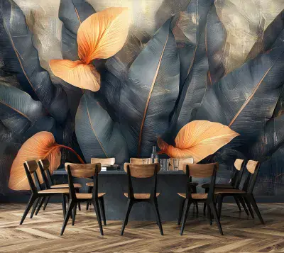 Black and Orange Leaves Dining Room Botanical Photo Wallpaper 312x219 cm