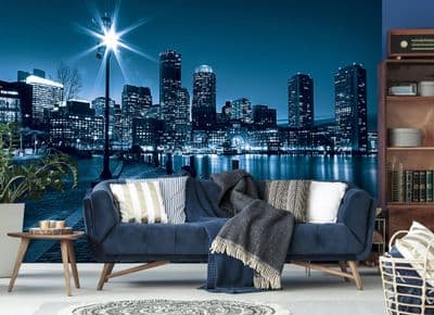 Blue city skyline at night wall mural