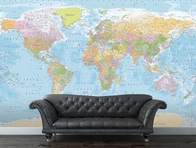 Blue Political Map of the Word wall mural wallpaper