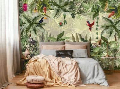 Botanical paper wallpaper mural green Jungle plants & birds