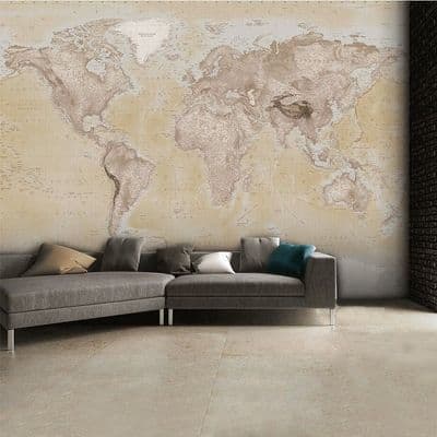 Brown map of the World wall mural wallpaper