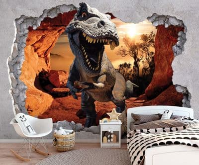Dinosaur brick wall kids bedroom wallpaper mural