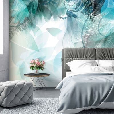 Feathers & leaves blue abstract Non-Woven photo wallpaper