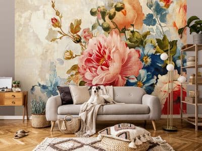 Floral Composition Red Green Beige photo wallpaper 312x219 cm