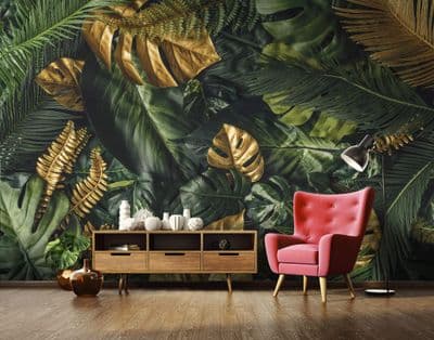 Green & Gold Jungle Non-Woven Botanical Photo Wallpaper