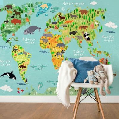 Kids World Map wall mural wallpaper 260 x 384cm Animals