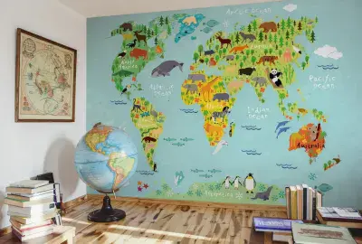 Kids World Map wall mural wallpaper 260 x 384cm Animals
