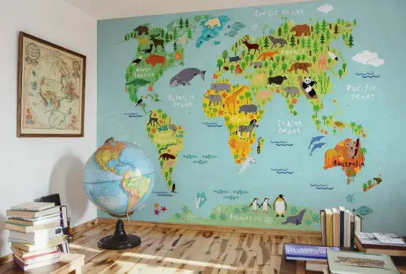 Kids World Map wall mural wallpaper 260 x 384 cm | Shop Online