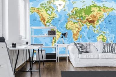 Large Blue Physical Map of the World Photo Wallpaper