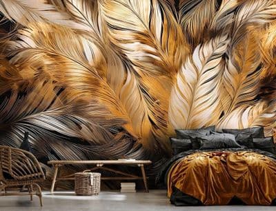 Large Golden Feathers Non-Woven Photo Wallpaper